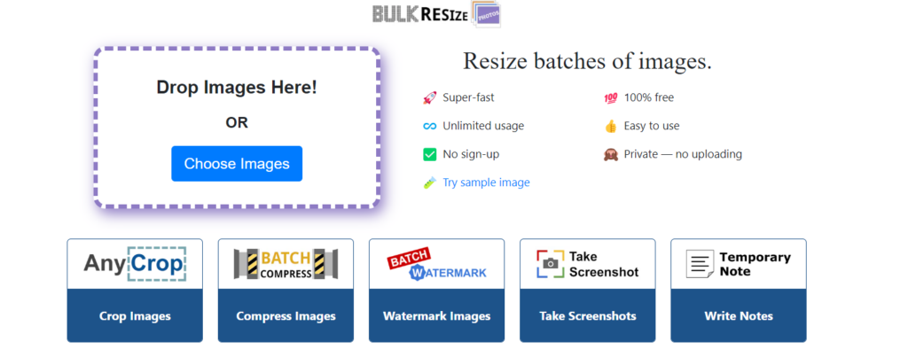 Bulk Resize Photos' homepage